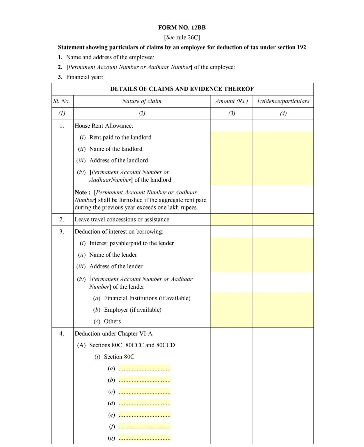 Declaration Of Investment For Availing Income Tax Rebate