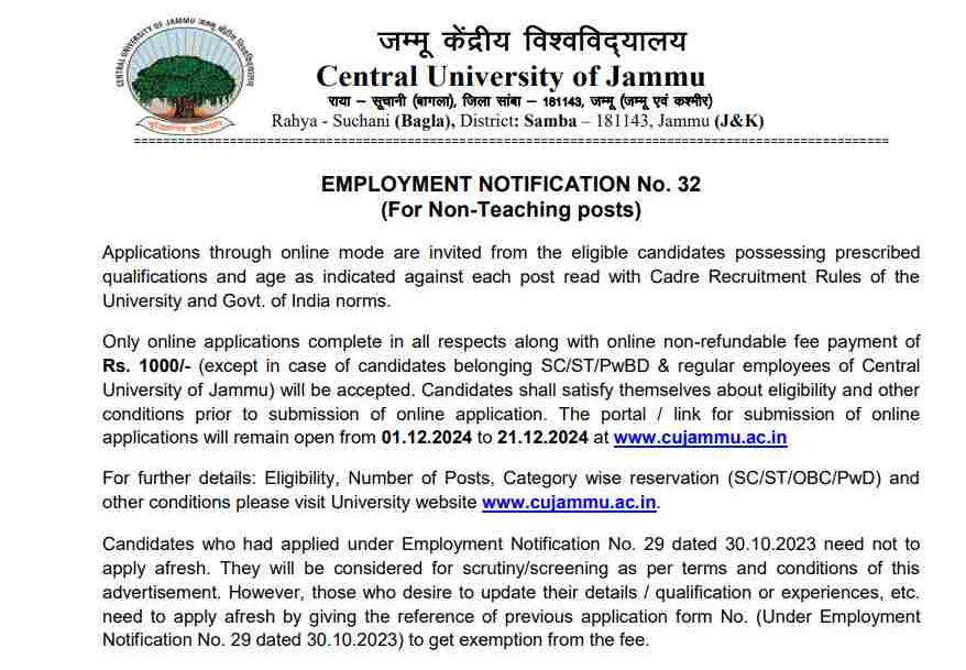 Central University of Jammu Recruitment 2024 for MTS and Peon Central University of Jammu Recruitment 2024 for MTS and Peon